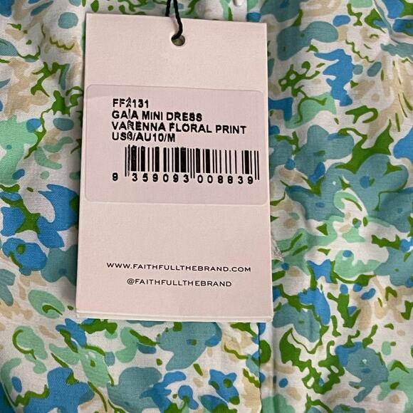Faithfull The Brand Gaia Mini Dress Medium Blue Green Floral Summer Revolve NWT - Picture 9 of 11